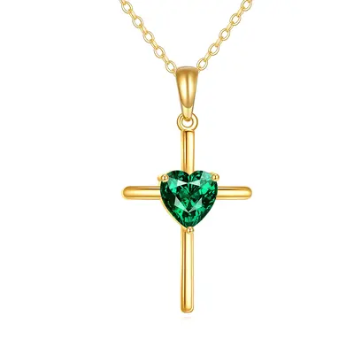 14K Gold Heart Artificial Emerald Cross Pendant Necklace