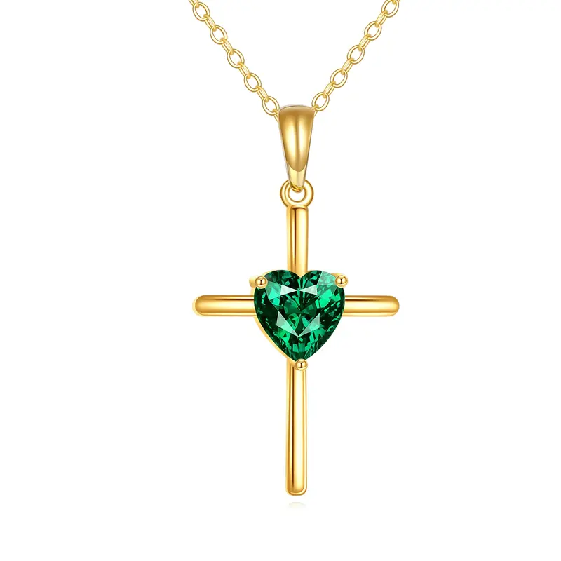 14K Gold Heart Artificial Emerald Cross Pendant Necklace