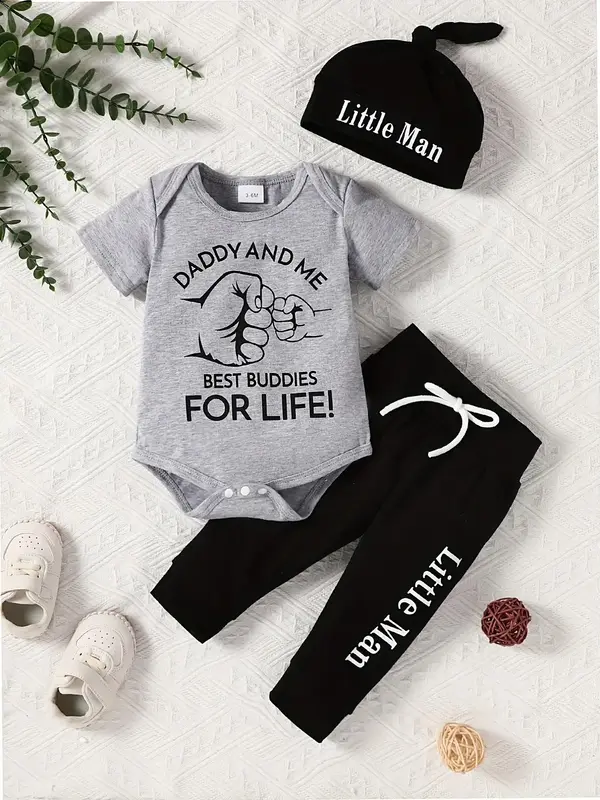 Baby Boy Fist Print Short Sleeve Romper and Long Pants Set with Hat, Cute Infant Summer for Playtime and Comfort, Baby Clothi...