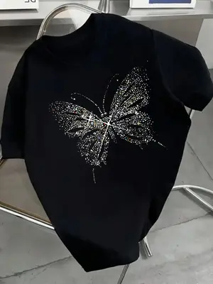 Girl's Butterfly Print Round Neck Tee, Fashion Casual Crew Neck Short Sleeve T-shirt for Daily Outdoor Wear, Kids Clothes for...