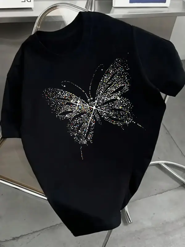 Girl's Butterfly Print Round Neck Tee, Fashion Casual Crew Neck Short Sleeve T-shirt for Daily Outdoor Wear, Kids Clothes for...