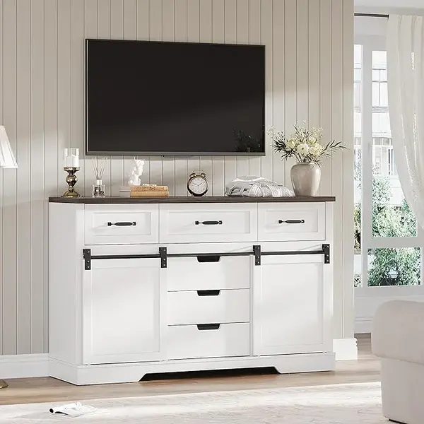 Garvee 6 Drawer Dresser, 47 Inch Farmhouse Chest of Drawer with 2 Sliding Barn Doors, Rustic Wooden Storage Cabinet with Adju...