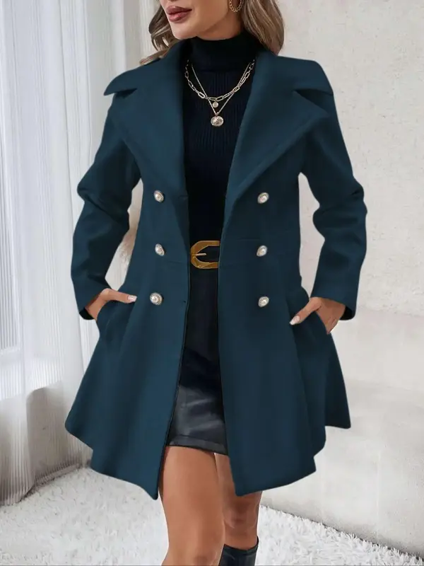 Women's Solid Color Double Button Lapel Coat, Elegant Fashion Long Sleeve Pocket Design Coat for Daily Outdoor Wear, Women Cl...