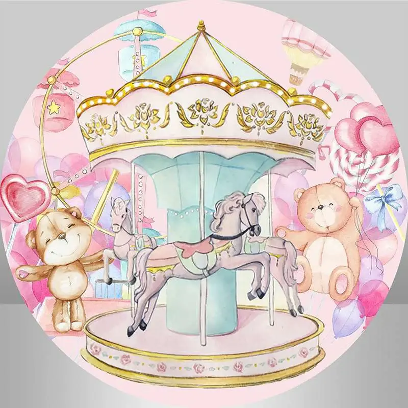 Aperturee Round And Pink Carousel With Teddy Birthday Backdrop | Birthday Round Backdrop Cover | Round Backdrop Stand Covers ...