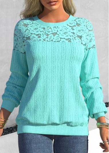 Modlily Cyan Patchwork Long Sleeve Round Neck Sweatshirt - XL
