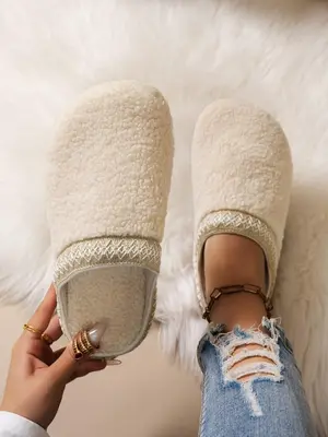 Women's Solid Color Plush Slippers, Casual Soft Comfortable Home Slippers, Warm Slippers for Indoor & Outdoor Use for Fall & ...