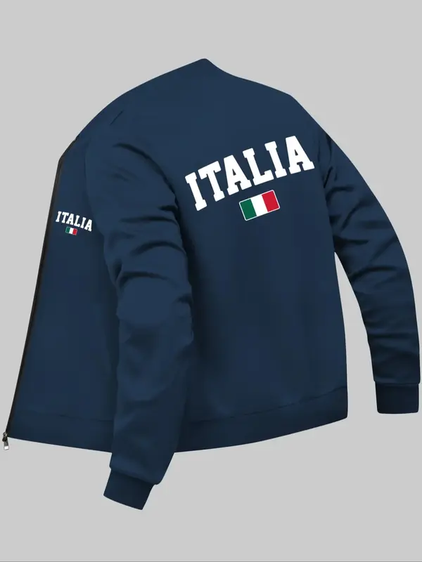 Men's Italy Flag & Letter Print Zip Up Jacket, Regular Fit Casual Long Sleeve Mock Neck Outerwear for Daily Wear, Men's Cloth...
