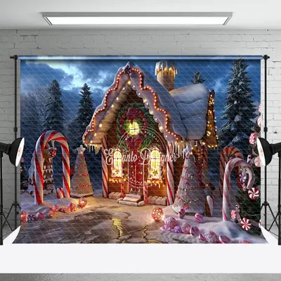 Evening Gingerbread House Candy Cane Xmas Backdrop - Aperturee