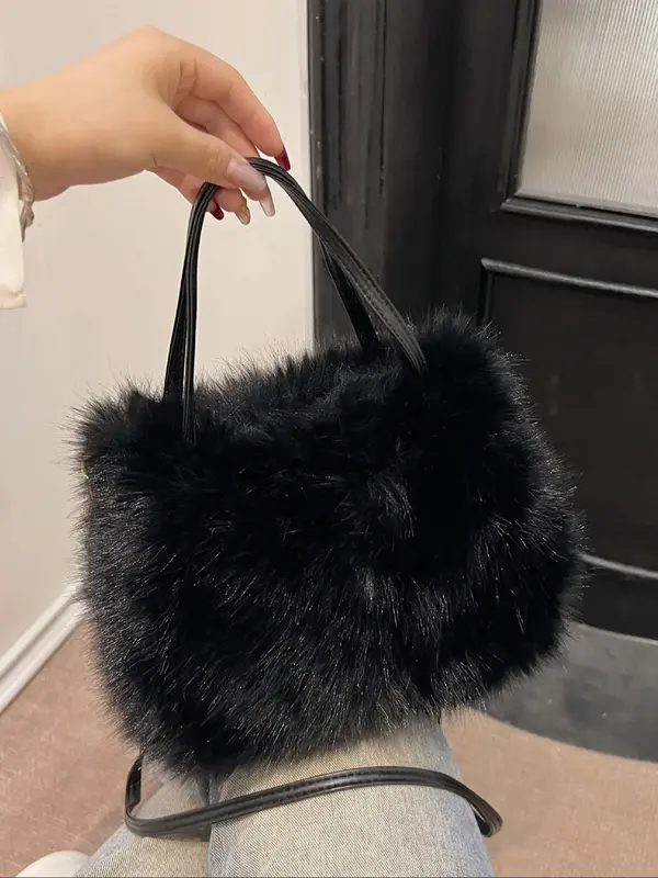 Women's Solid Color Fluffy Shoulder Bag, Fashionable Plush Crossbody Bag for Daily Used, Casual Trendy Versatile High-quality...