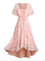 【Plus Size】 Floral Print Frill Trim Dress, Boho Casual Fashion Cute Short Sleeve Dress for Beach Holiday Vacation, Women'...