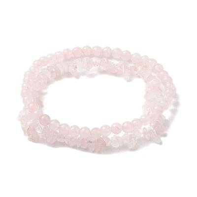 Chip & Round Natural Rose Quartz Beaded Stretch Bracelets for Women