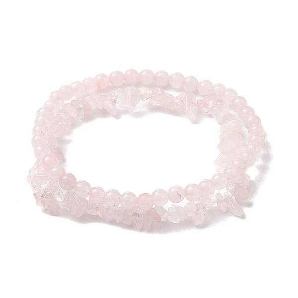 Chip & Round Natural Rose Quartz Beaded Stretch Bracelets for Women