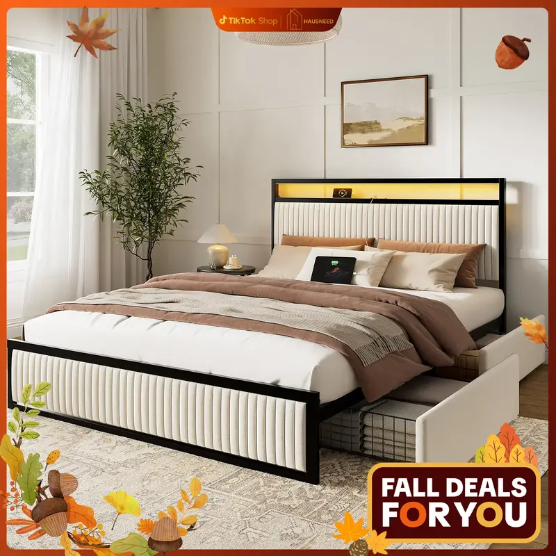 HAUSNEED Modern Bed Frame with Headboard & Storage 2 Drawers Upholstered Velvet Platform Queen Size with RGB LED & Charging S...