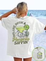 Women's Margarita Print Round Neck Tee, Casual Short Sleeve T-shirt for Daily Wear, Ladies Sleepwear for All Seasons, Top