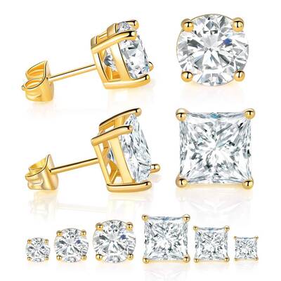 Elegant Gold Plated Cubic Zirconia Earrings Pack 6 Pairs for Men & Women Round & Princess Cut Unisex Fashion Jewelry Gif