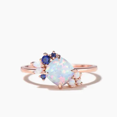 Cushion Cut White Opal Engagement Ring Cluster Blue Sapphire Wedding Ring