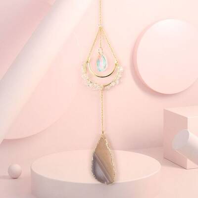 Natural Quartz Crystal Chip Wrapped Moon Hanging Ornaments