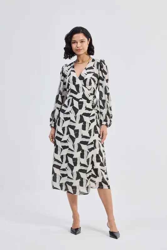 Midi Wrap Dress in Abstract Mosaic | Color: Noir Shadows | Size: 3XL
