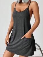 Women's Plain Backless Pocket Cami Dress, Casual Sleeveless Spaghetti Strap Short Dress for Summer, Ladies Clothes for Daily ...