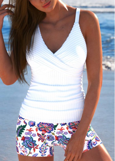 Modlily Surplice Tribal Print White Tankini Set - M