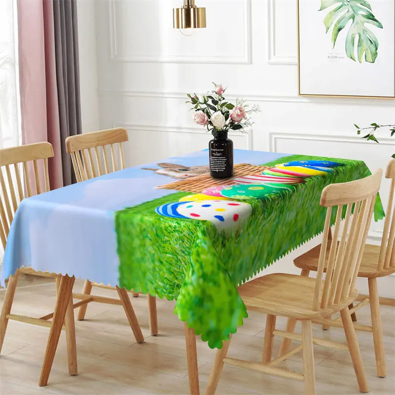 Green Lawn Blue Sky Rabbit Eggs Easter Tablecloth - Aperturee