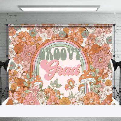 Groovy Grad Cartoon Daisy Floral Graduation Backdrop - Aperturee