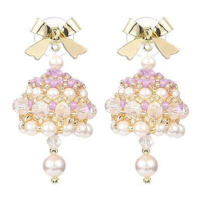 Naturla Shell Pearl Bell with Alloy Bowknot Dangle Stud Earrings