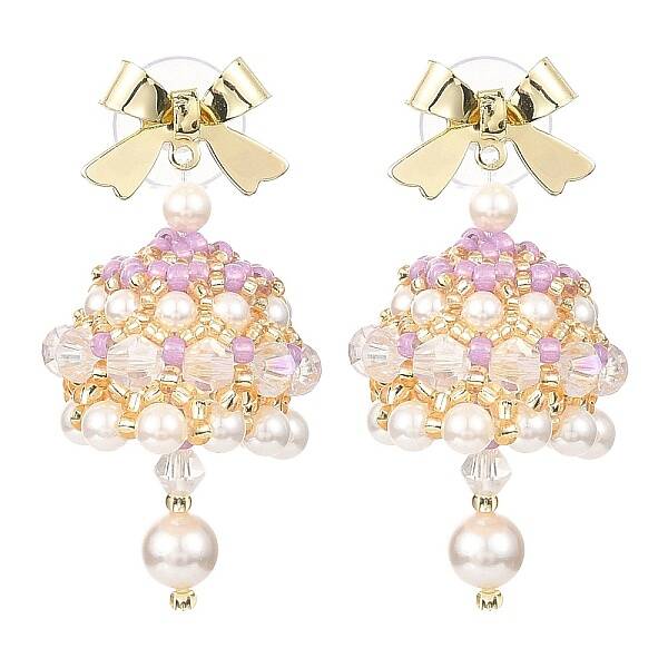 Naturla Shell Pearl Bell with Alloy Bowknot Dangle Stud Earrings