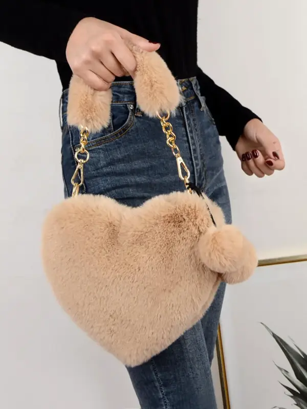 Cute Heart Design Fluffy Plush Handbag for Women, Pom Pom Decorated Zipper Everyday Bags for Party for Daily Used, Casual Tre...