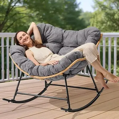 450lb Capacity Rattan Egg Rocking Chair with Thick Cushion & Safety Straps - Comfy Indoor/Outdoor Rocker for Patio, Garden, L...