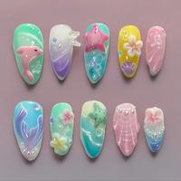 3D Starfish & Whale & Flower Decor Fake Nails with Nail File & Tape, 30pcs Removable False Nails for Women Nail Art, Effortle...