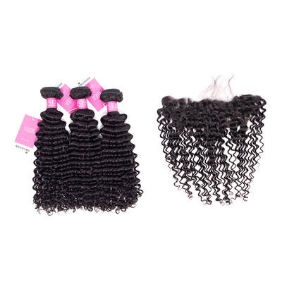 ISEE HAIR Deep Curly Bundles with Frontal 10A Grade 100% Human Virgin Hair Unprocessed