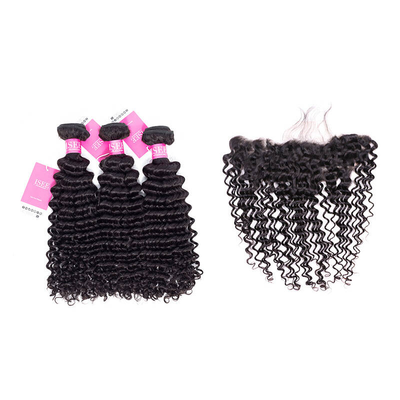 ISEE HAIR Deep Curly Bundles with Frontal 10A Grade 100% Human Virgin Hair Unprocessed