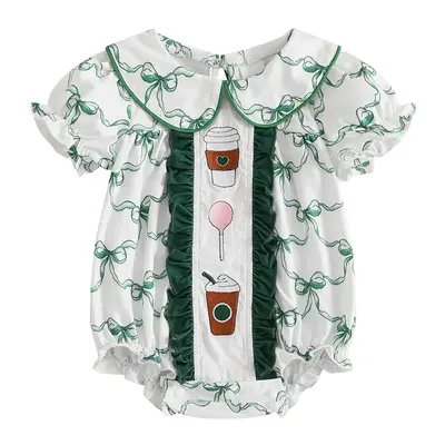 Baby Girl Smocked Bubble Romper Bow Print Puff Short Sleeve Doll Collar Bodysuit Jumpsuit Summer Outfit Cute Clothes
