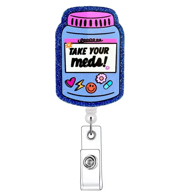 Glitter Medicine Bottle Pattern Retractable Badge Reel, 1 Count Creative Badge Holder with ID Clip for Nurse Doctor Student