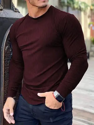Men's Solid Round Neck Ribbed Tee, Regular Fit Casual Long Sleeve Crew Neck T-shirt for Fall & Winter, Men's Top for Daily We...