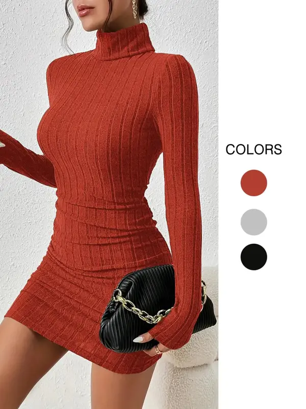 Women's Thin Minimalist Ribbed Knit Long Sleeve Turtle Neck Bodycon Dress, Longsleeves High Neck Short Tight Dresses Basic Co...