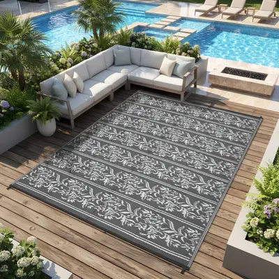 Garvee Waterproof Reversible Outdoor Rug - Boho Leaf Design - UV & Mark Resistant, Lightweight, Collapsible Plastic Patio Car...