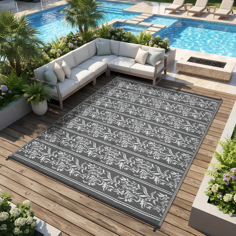 Garvee Waterproof Reversible Outdoor Rug - Boho Leaf Design - UV & Mark Resistant, Lightweight, Collapsible Plastic Patio Car...