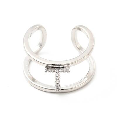 Clear Cubic Zirconia Initial Letter Open Cuff Ring