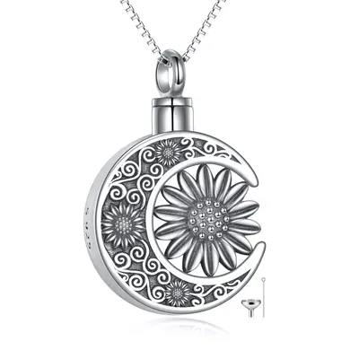 Sterling Silver Sunflower & Moon Urn Necklace for Ashes