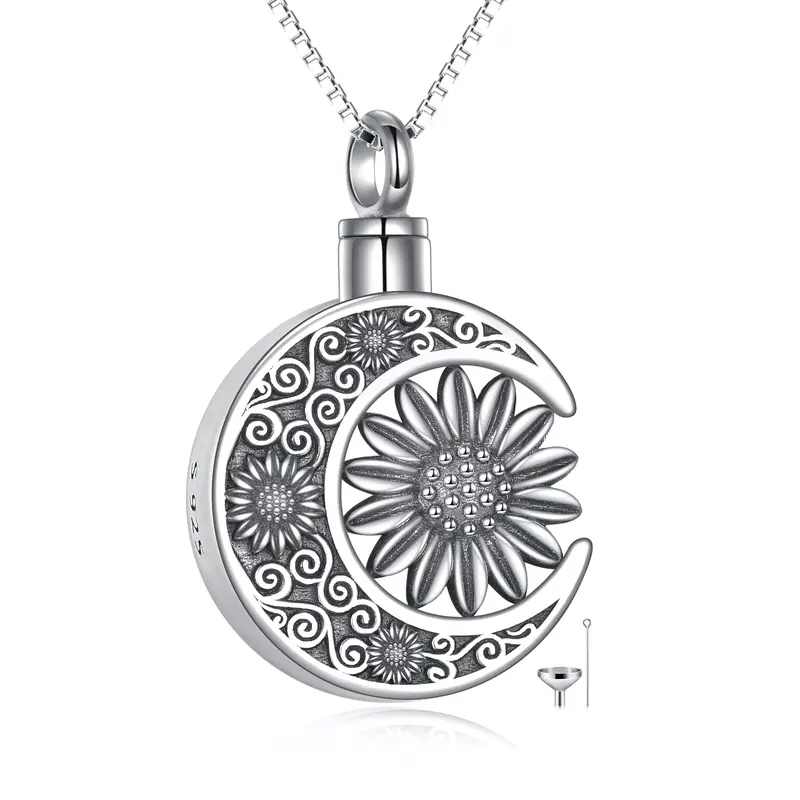 Sterling Silver Sunflower & Moon Urn Necklace for Ashes