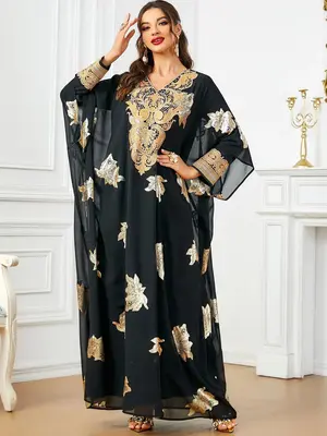 Women's Embroidery Hot Stamping Kaftan & Long Sleeve Arabian Dress Set, Arabic Clothing for Party, Summer Outfits 2024, Elega...