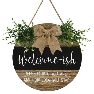 Welcome Wreath Wooden Sign, Round Rustic Wood Farmhouse Porch Decor, Hanging Letter Pattern Plaque for Home Front Door Decor,...