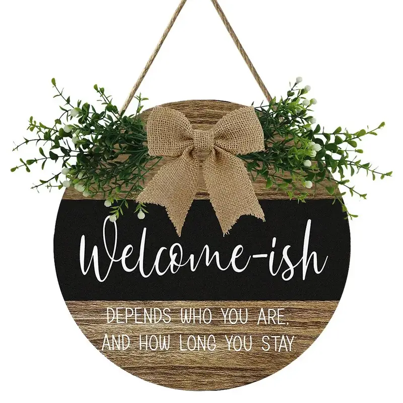 Welcome Wreath Wooden Sign, Round Rustic Wood Farmhouse Porch Decor, Hanging Letter Pattern Plaque for Home Front Door Decor,...