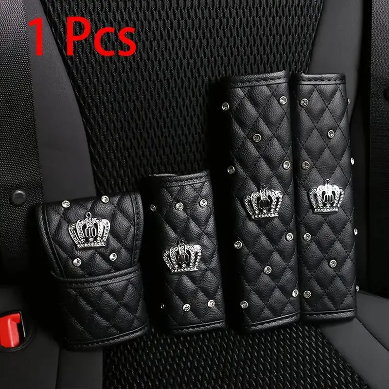 Rhinestone Crown Decor Premium Leather Car Seat Belt Covers, Car Gear Lever Cover, Car Handbrake Cover, Car Interior Decorati...