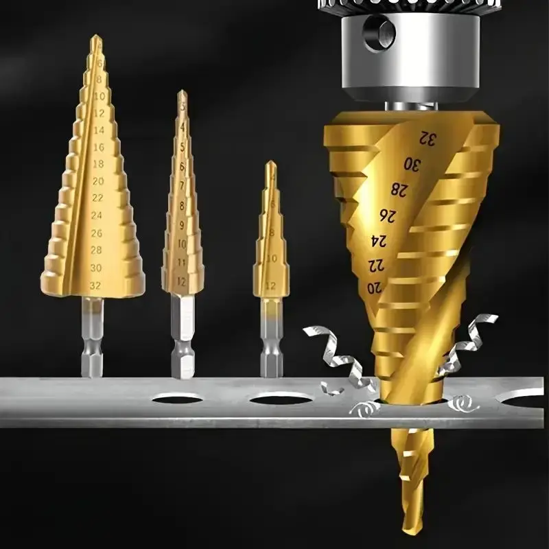 Titanium Coated High Speed Steel Step Drill Bit Set, Durable Hex Shank Cone Drill Bit Kit, Practical Power Tool Accessories, ...