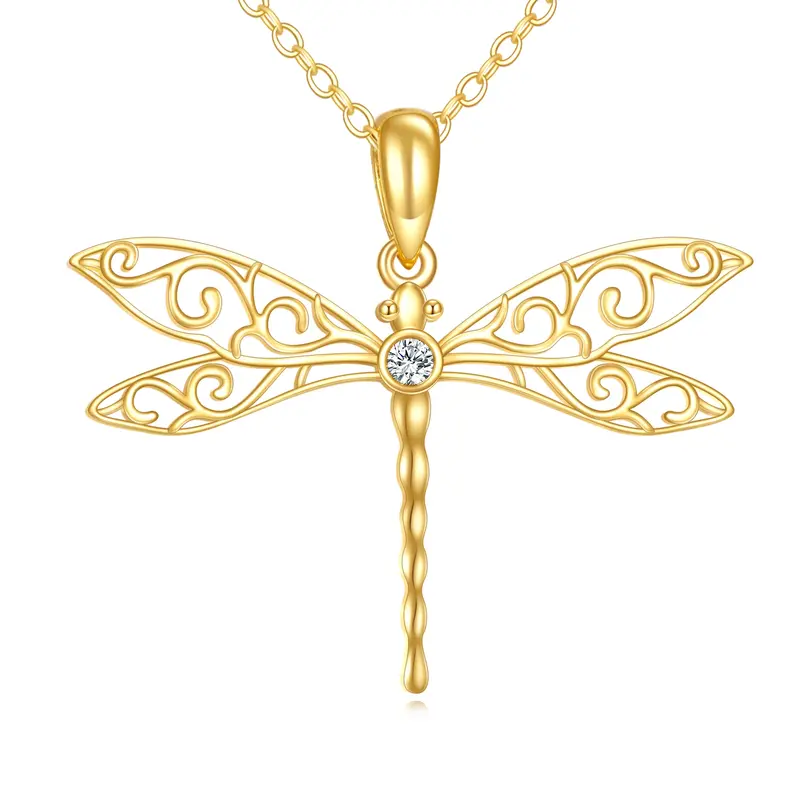 14K Gold Circular Shaped Cubic Zirconia Dragonfly Pendant Necklace