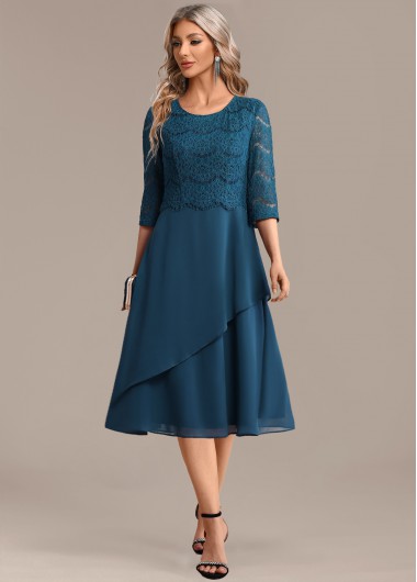 Modlily Peacock Blue Lace 3/4 Sleeve Round Neck Dress - XXL