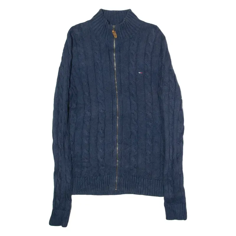 TOMMY HILFIGER Mens Jumper Blue High Neck Cable Knit L